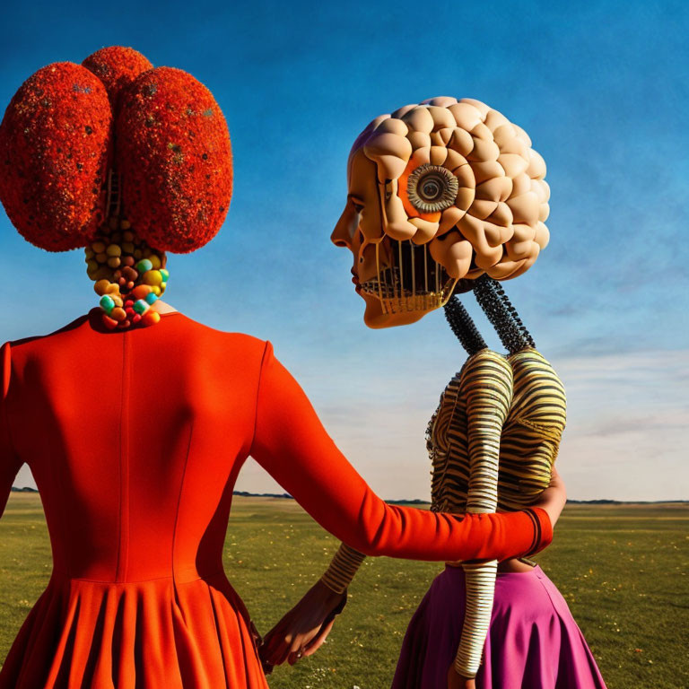 Colorful Figures with Brain and Flower Heads Against Sky
