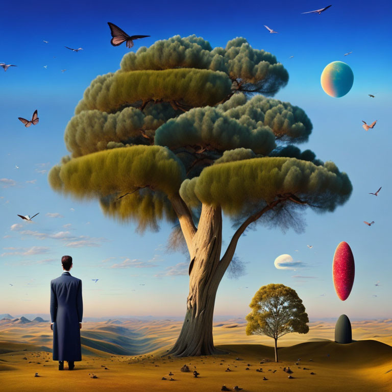 Man in suit gazes at surreal landscape with oversized trees, floating rocks, and multiple planets in the