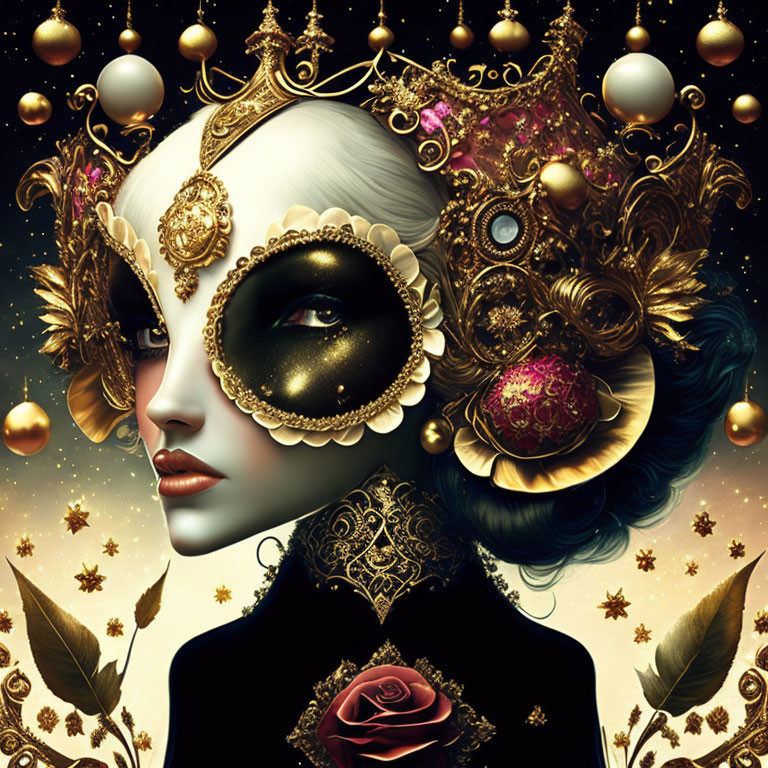 Digital Artwork: Woman in Golden Mask with Orbs
