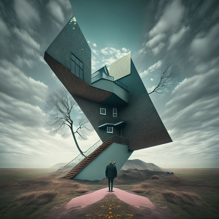 Surreal image: man, gravity-defying building, staircase, desolate landscape, single tree
