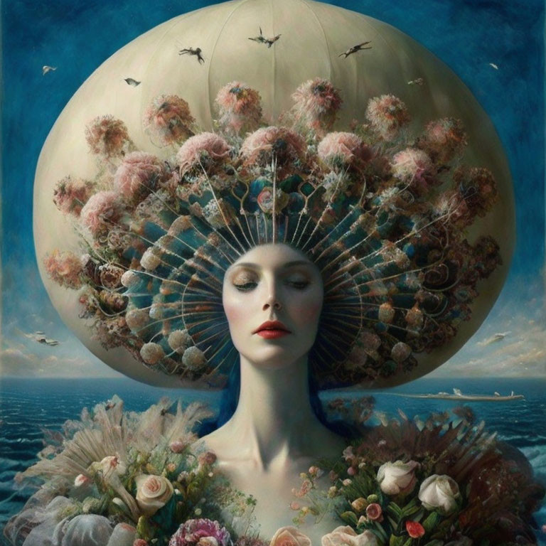 Surreal portrait of woman with blooming flower halo, oversized moon, and serene ocean