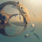Surreal seascape with organic ring, boats, and distant planets