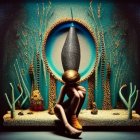 Surreal golden vase and mirror with headless figure in forest-themed decor