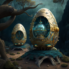 Intricate golden eggs with glowing blue tree in mystical forest