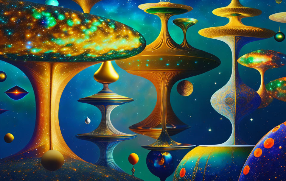Surreal digital artwork: vibrant mushroom structures in cosmic space