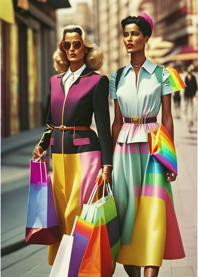 Fashionable women in colorful retro dresses shopping in the city