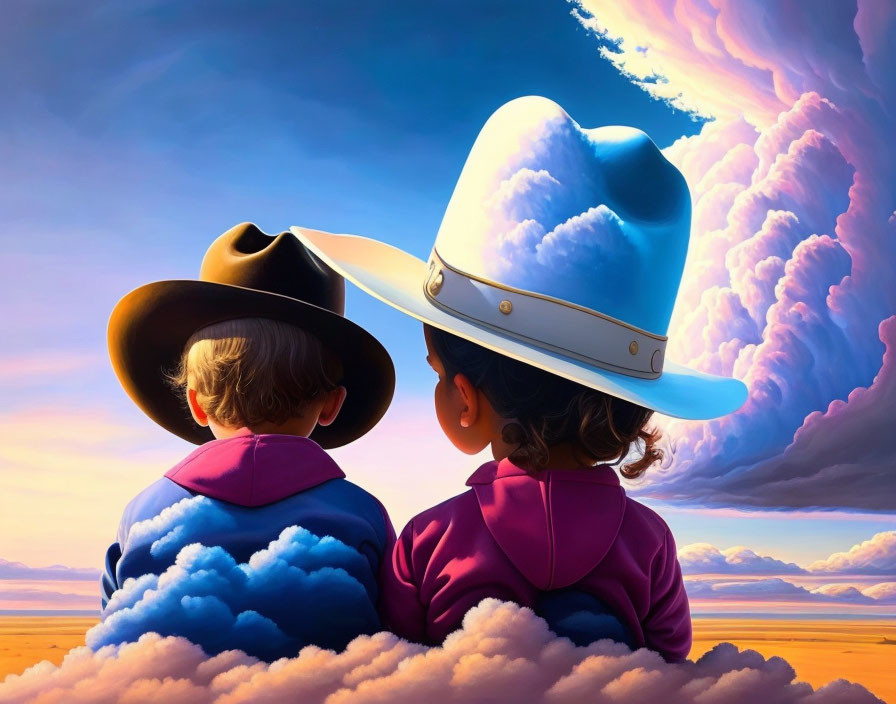 Children in cowboy hats under surreal sky in turquoise and brown.