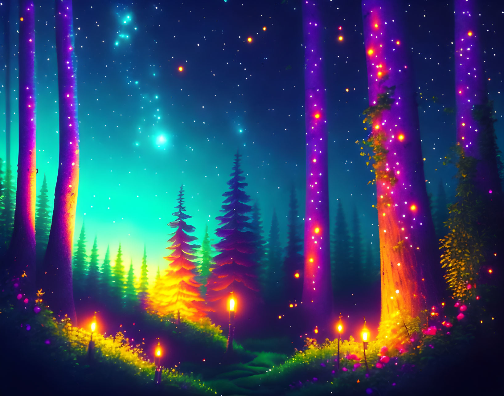 Magical forest surrounded by friendly fireflies
