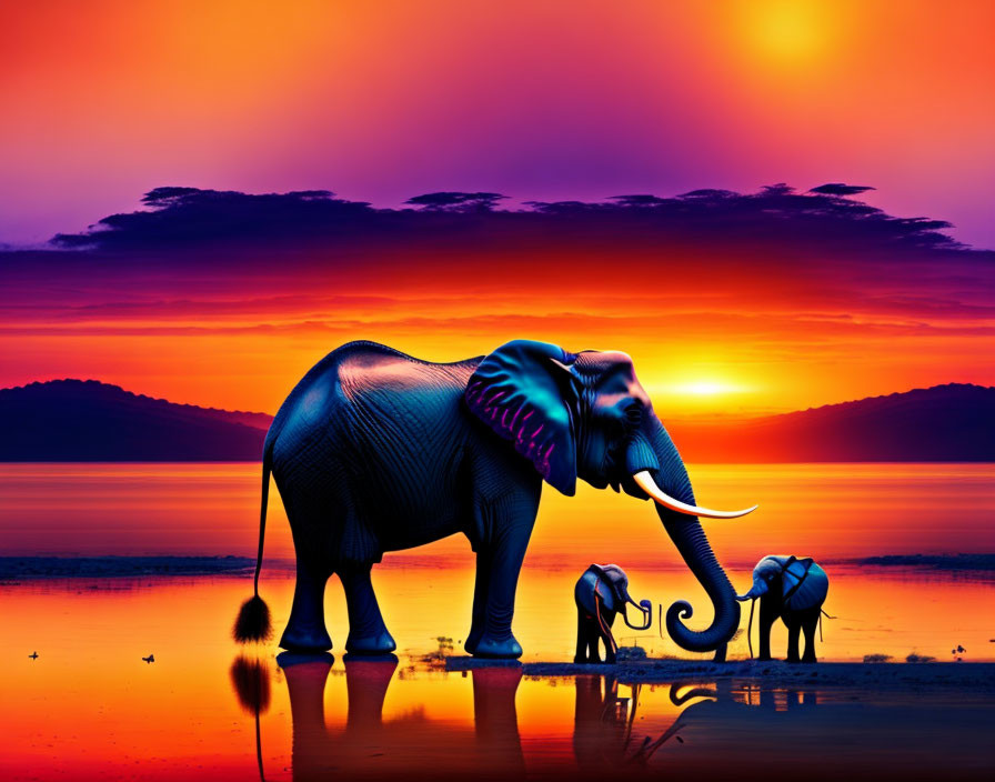 Beautiful landscape of elephants and sunset.
