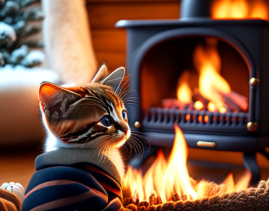Kitten sat infront of a burning fireplace