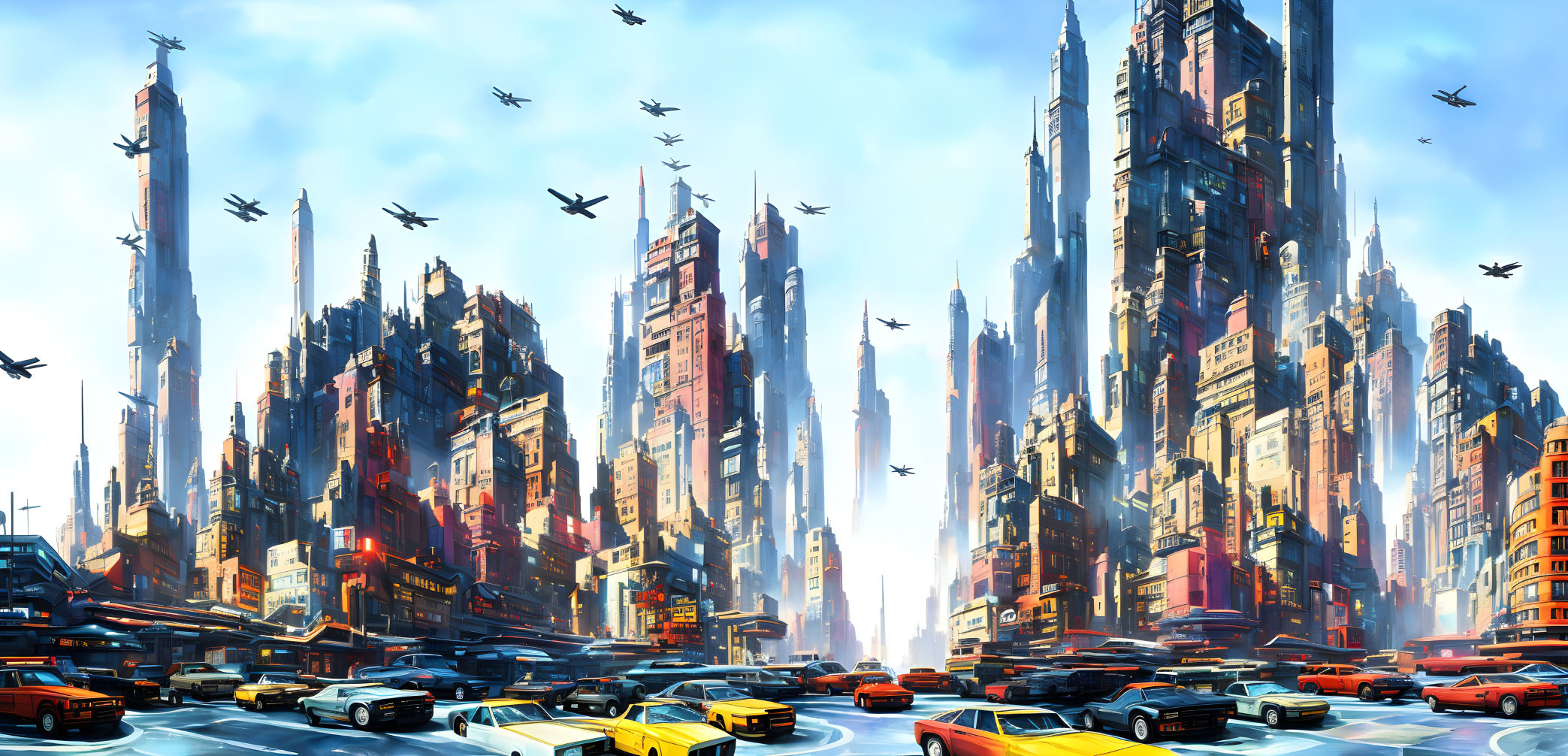 Futuristic cityscape with skyscrapers, flying vehicles, and busy traffic