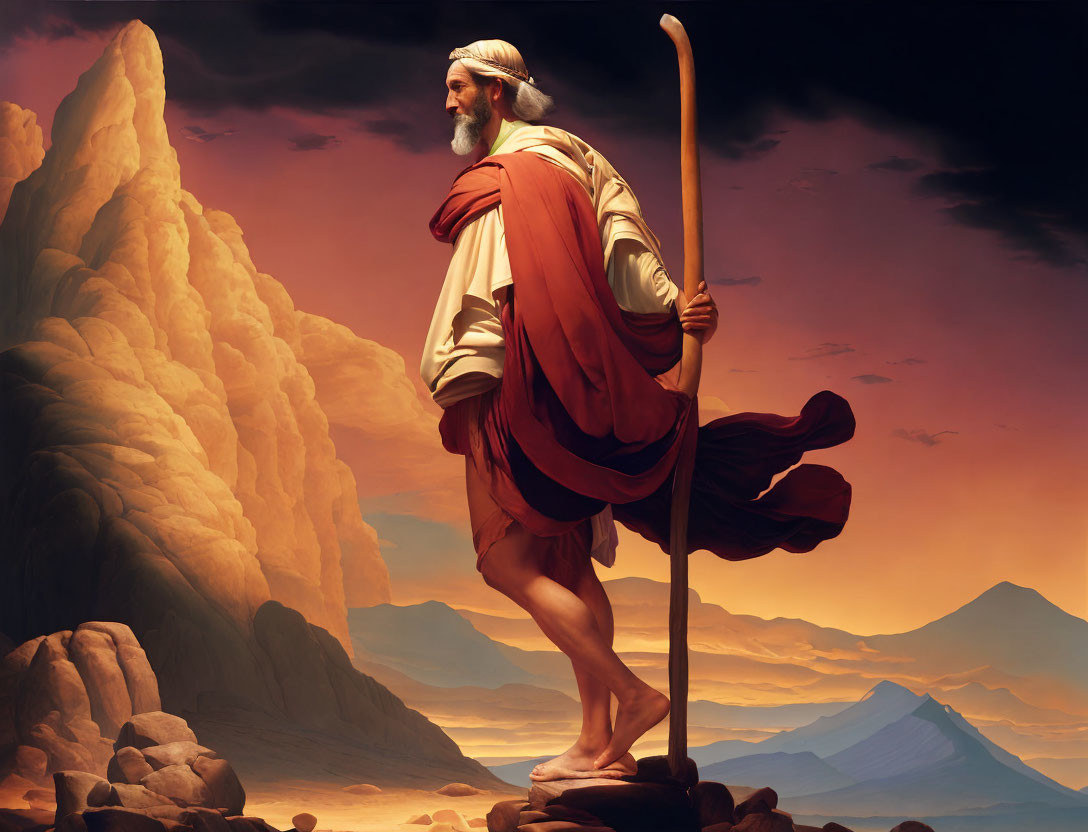 Moses walks with his staff on Mount Sinai.