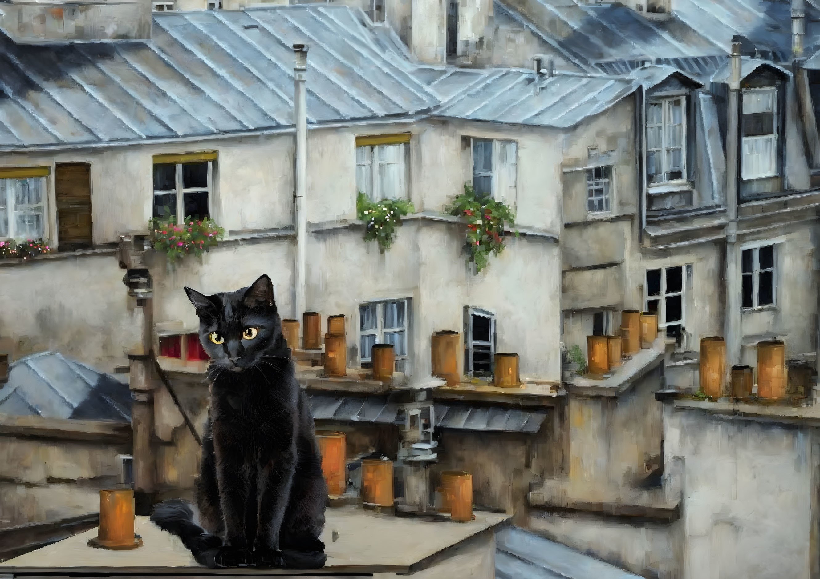 The black cat on the roof of Paris