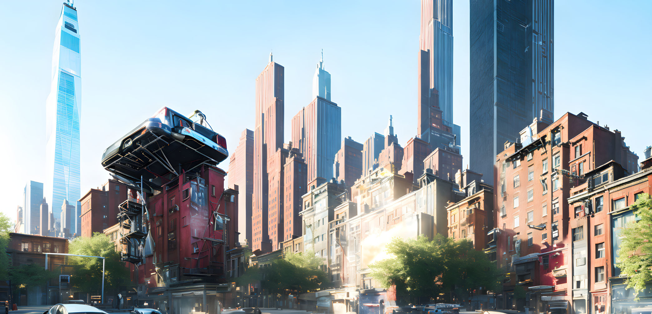 Stacked futuristic cityscape with tall skyscrapers and traditional architecture
