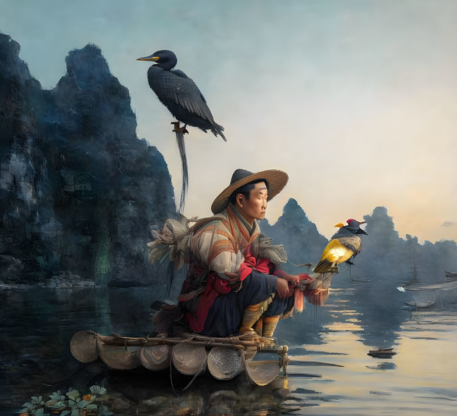 Chinese fisherman with his cormorant
