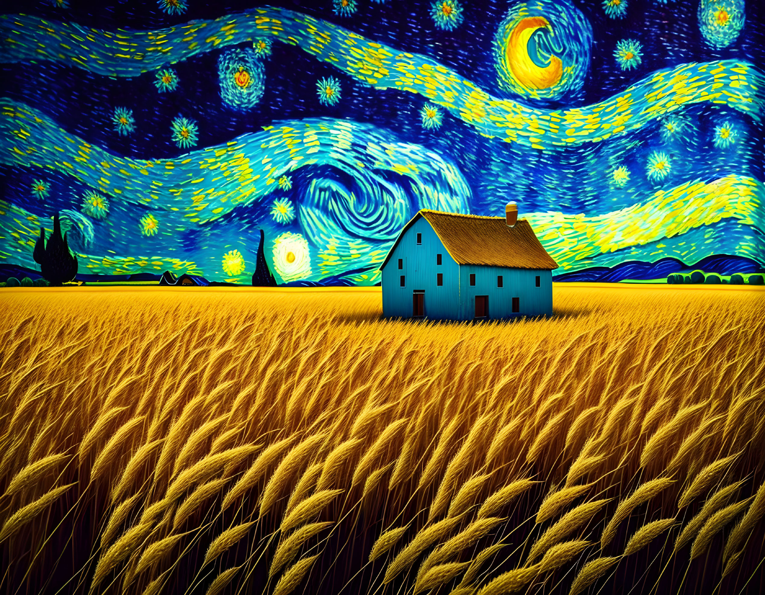 The wheat field on a starry night 