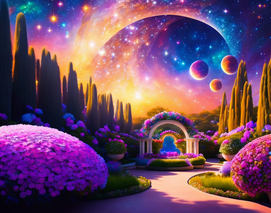 lush garden under the galaxies