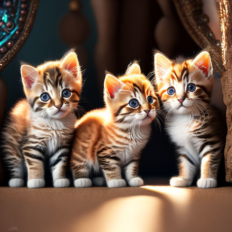 Three kittens with blue eyes in warm light on dark background