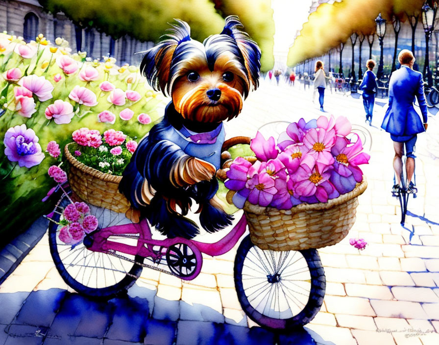 yorkie traveling on a bicycle 