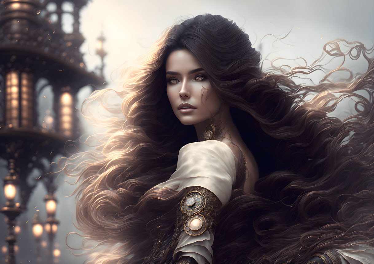 Illustrated woman with long hair and elegant garment in front of fantasy castle and moody sky