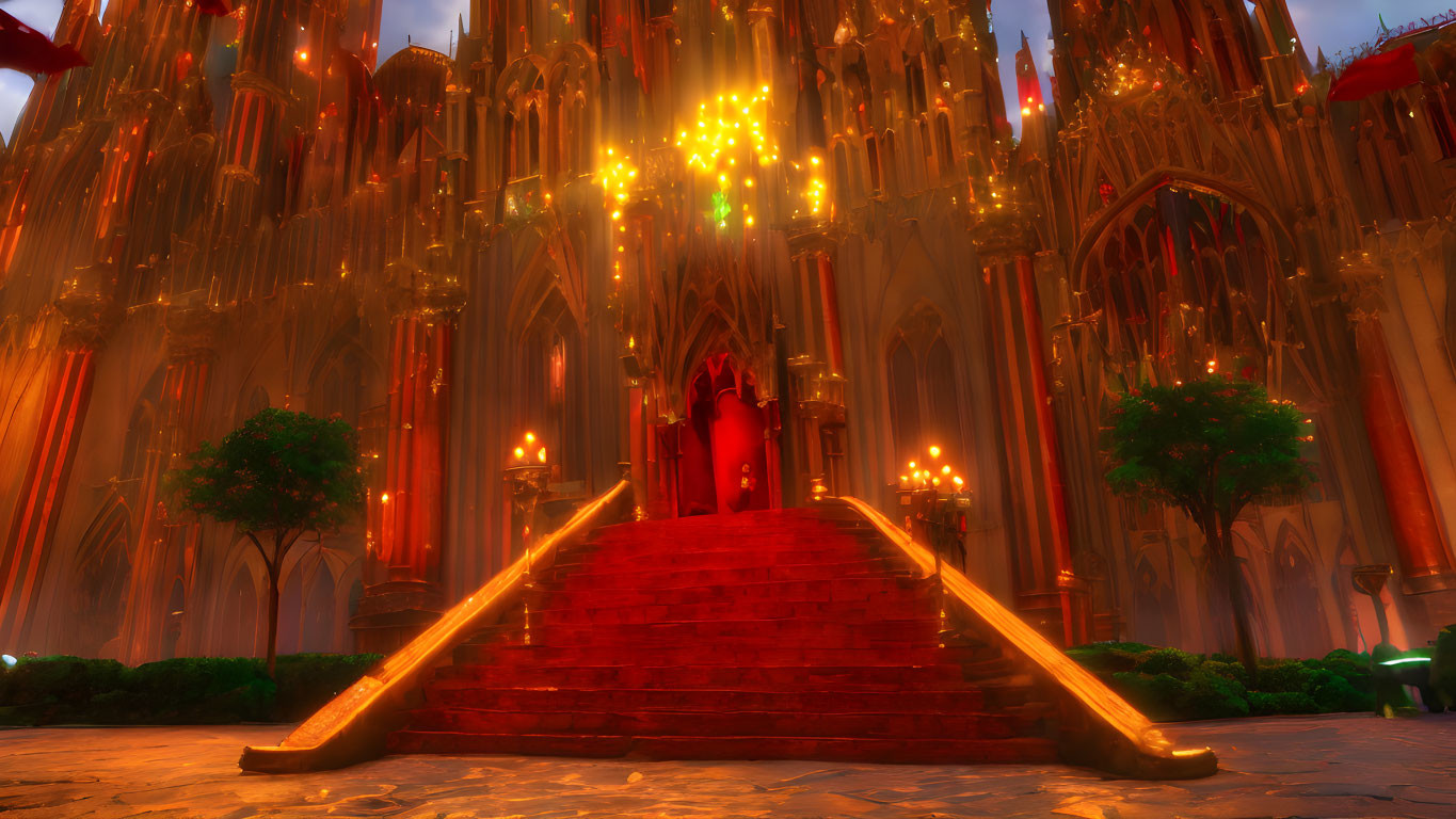 Illuminated cathedral interior with red pillars and ornate throne