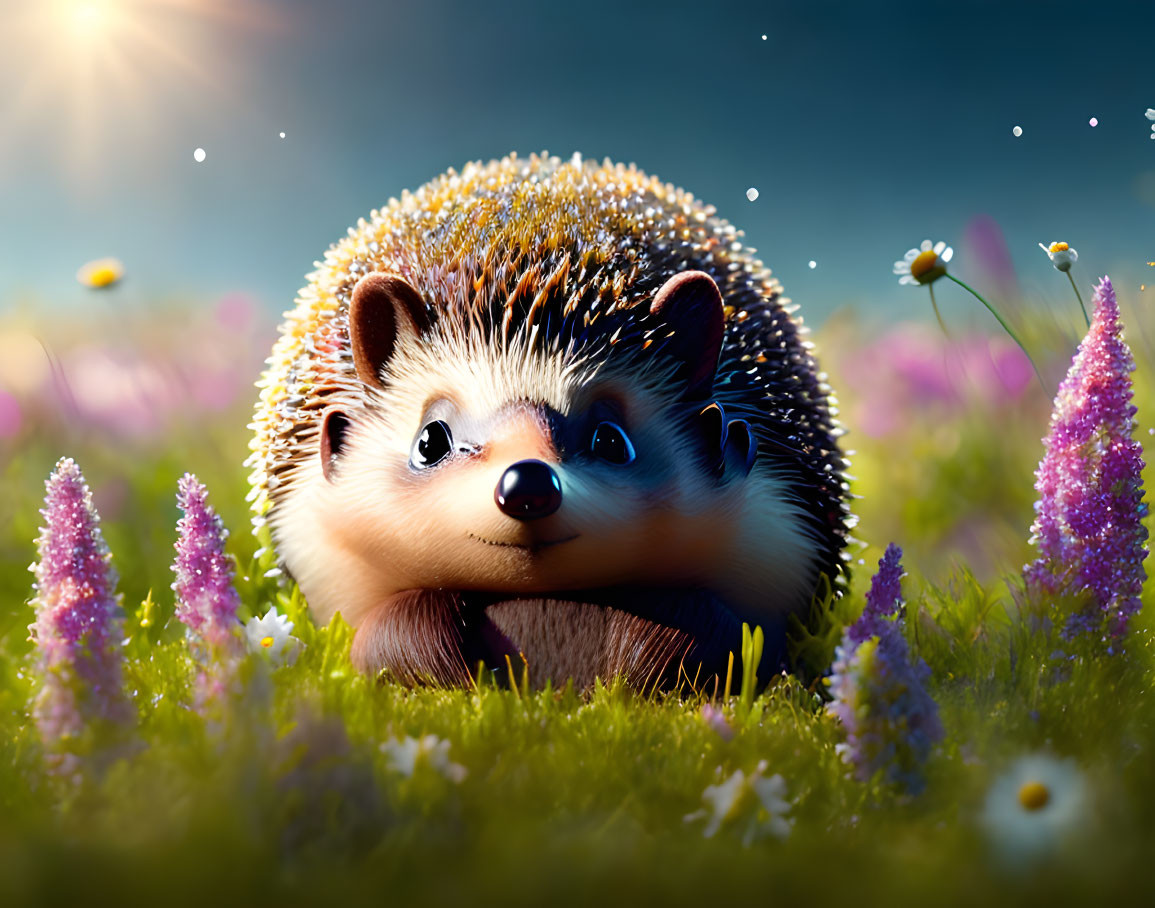 Smiling cartoon hedgehog in vibrant field with pink flowers