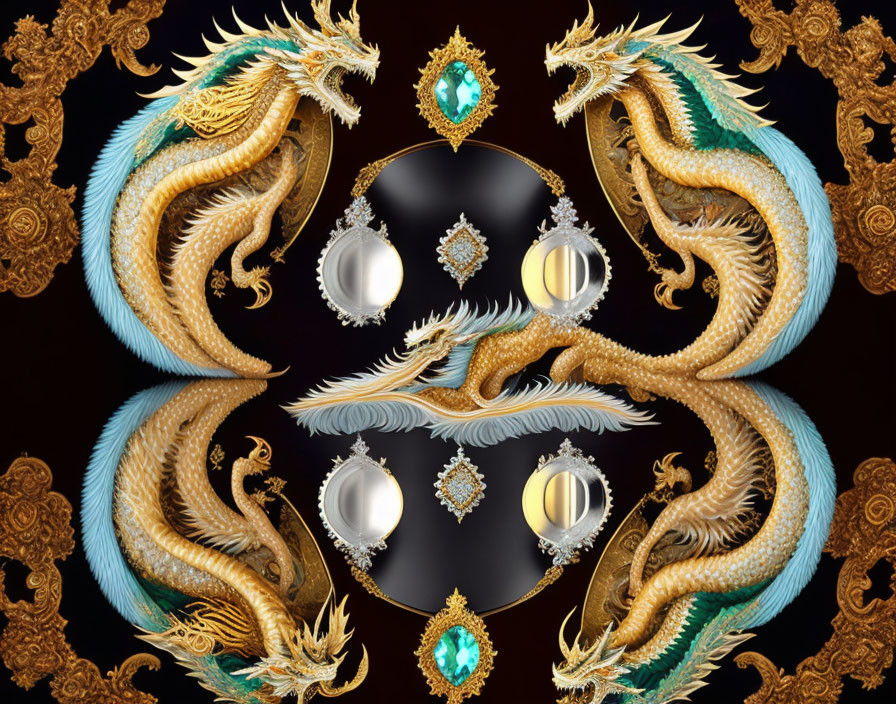 Golden dragon, jewelry, feathers in symmetrical ornate design on black background