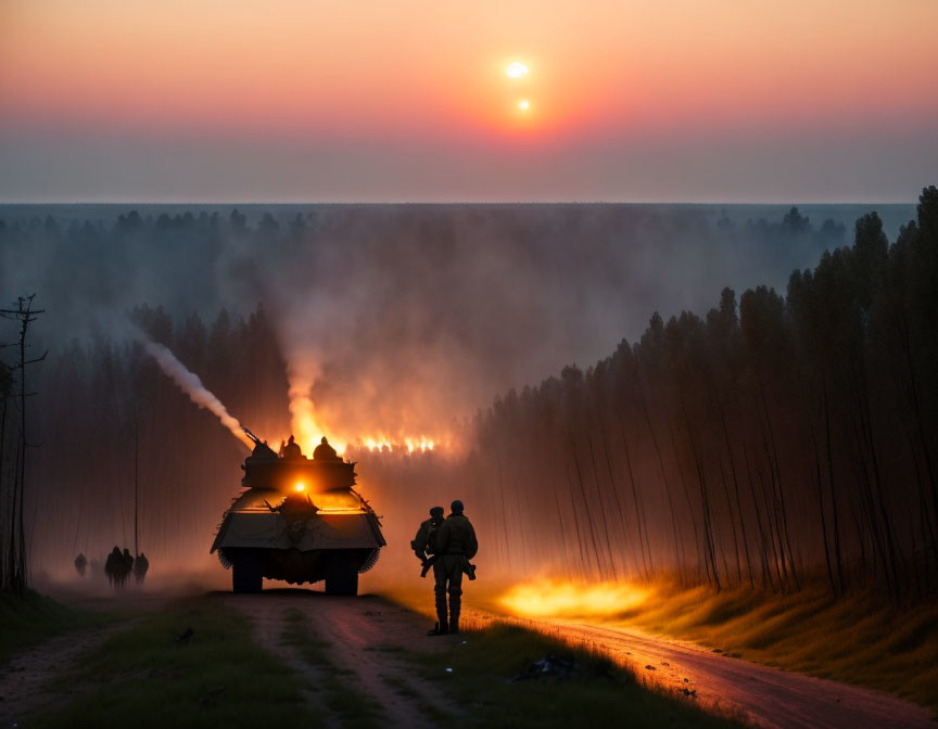 Military tank firing near soldier in smoky sunset scene