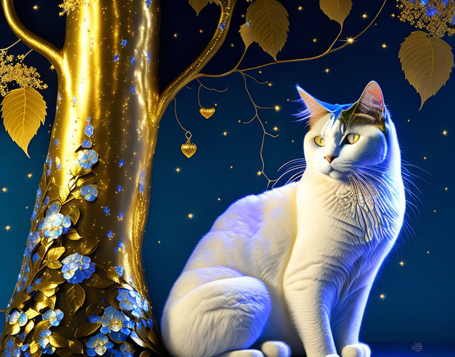 Bílá kočka pod zlatým stromem