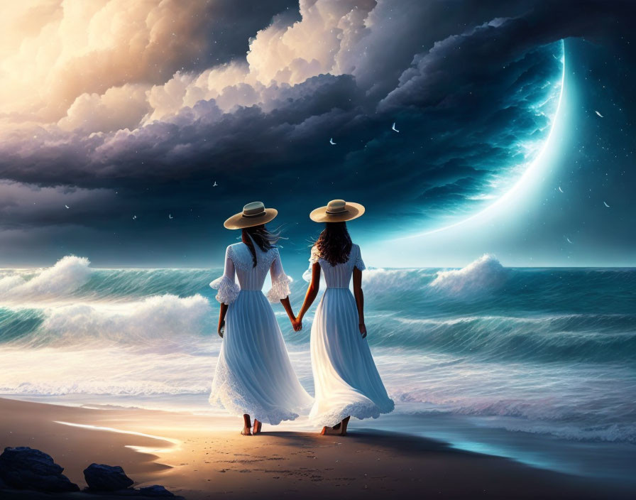 Dvě dívky kráčejí k oceánu 