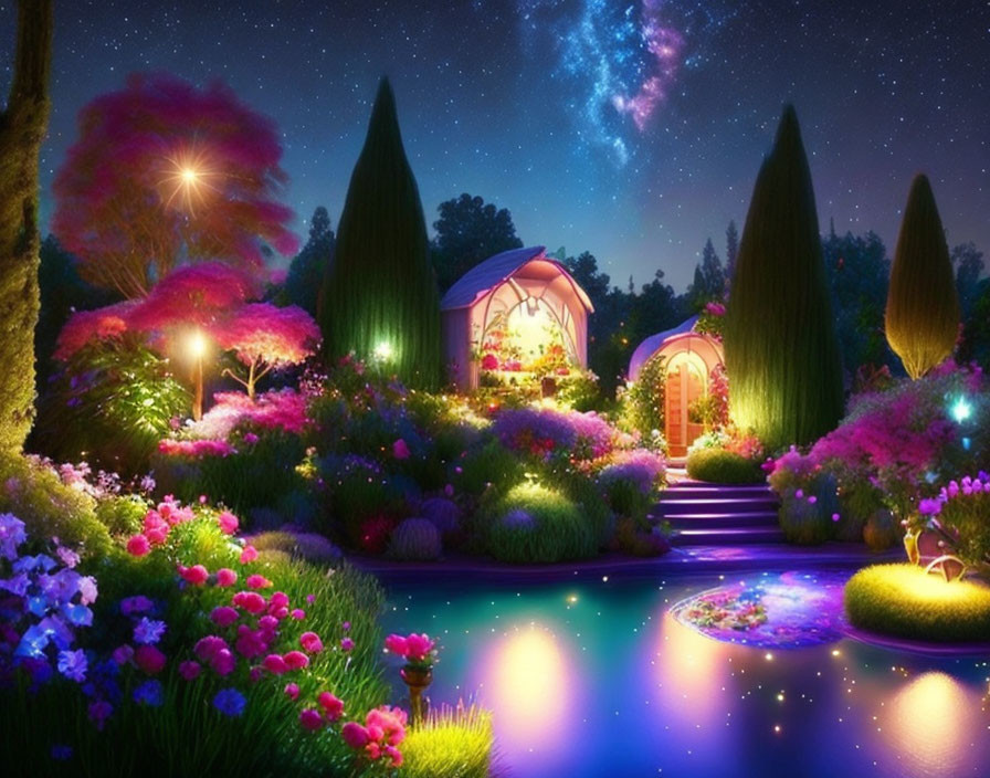 Překrásná osvětlená zahrada v noci