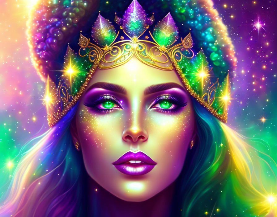 Colorful cosmic illustration of a woman with green eyes and golden crown