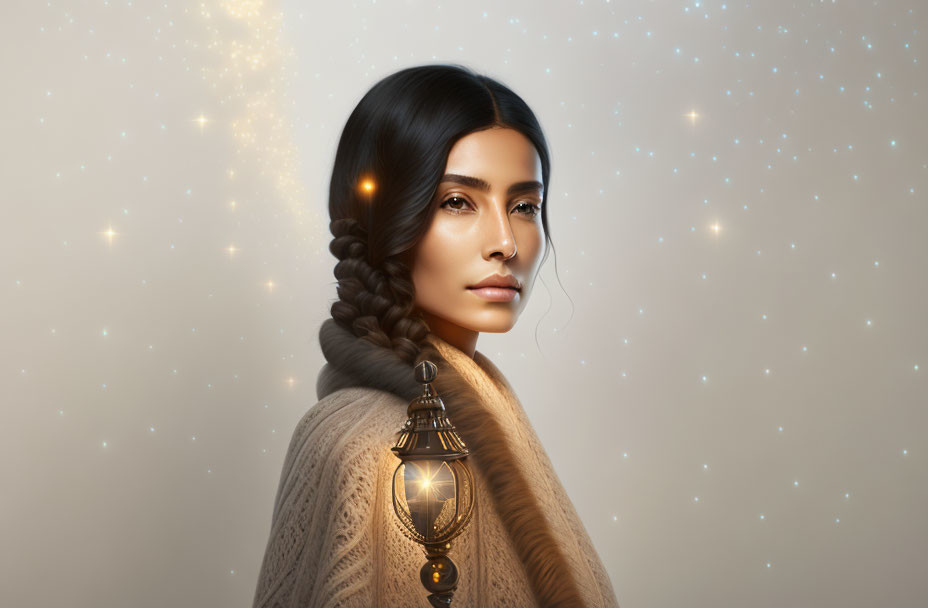 Woman with thick braid in beige sweater holding lantern in sparkling light.