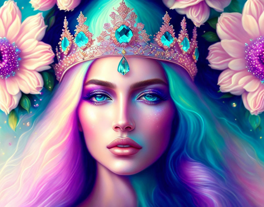 Colorful Woman Portrait with Blue Eyes and Crown in Pink Flower Setting