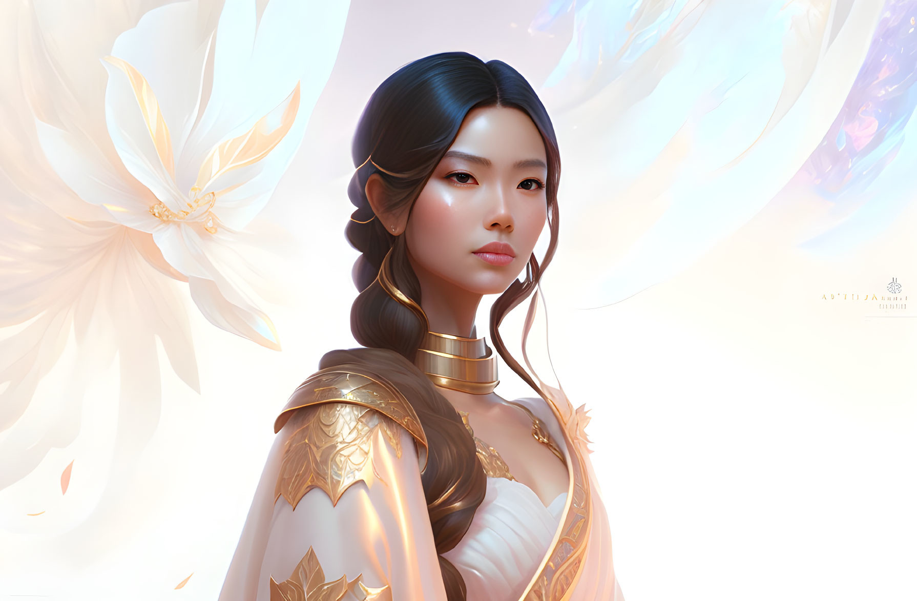 Digital artwork: Asian woman in golden armor with white wings