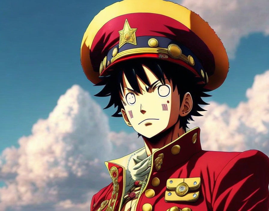 Black-Haired Animated Character in Red Military Uniform with Gold Star Hat