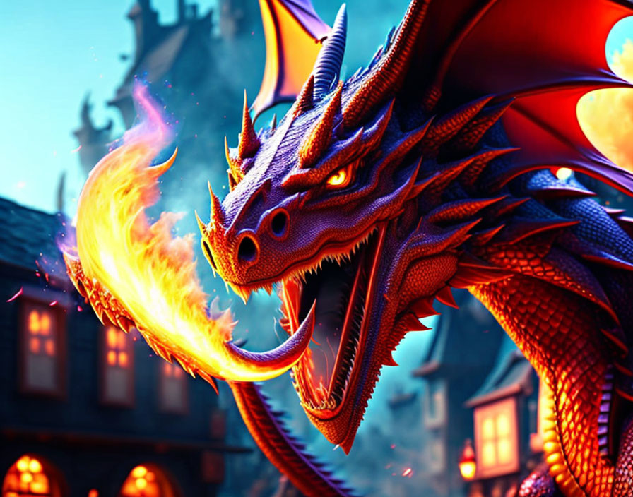 Red dragon breathing fire over medieval buildings in dusky sky