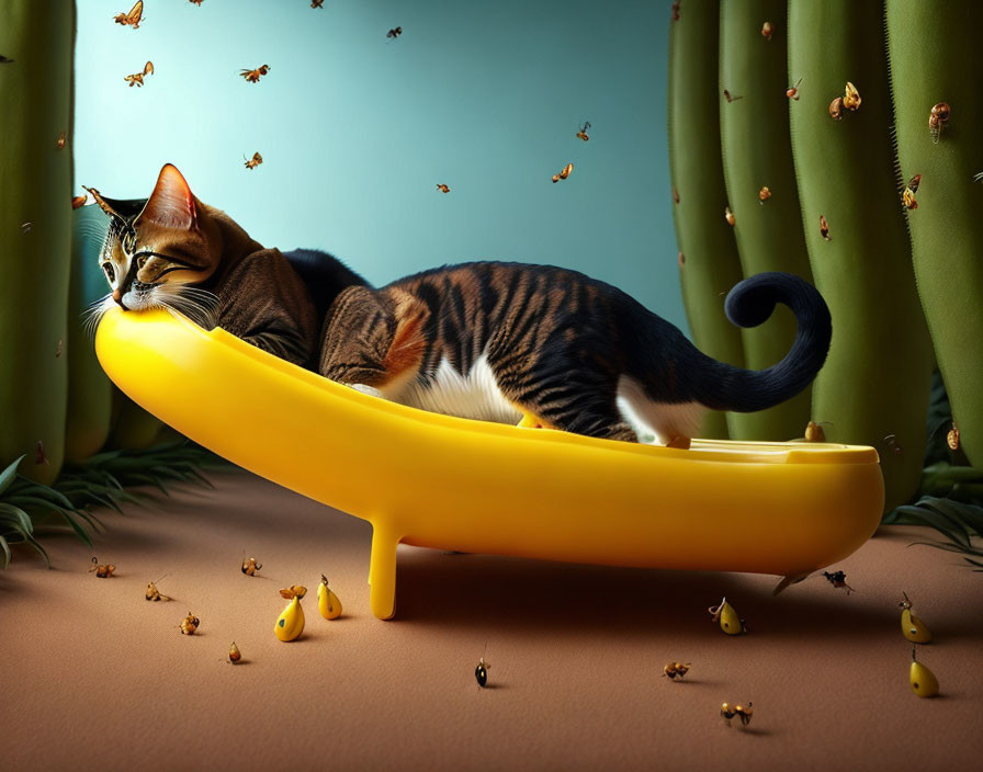 Cats use lots of bananas as a slide. There are a l