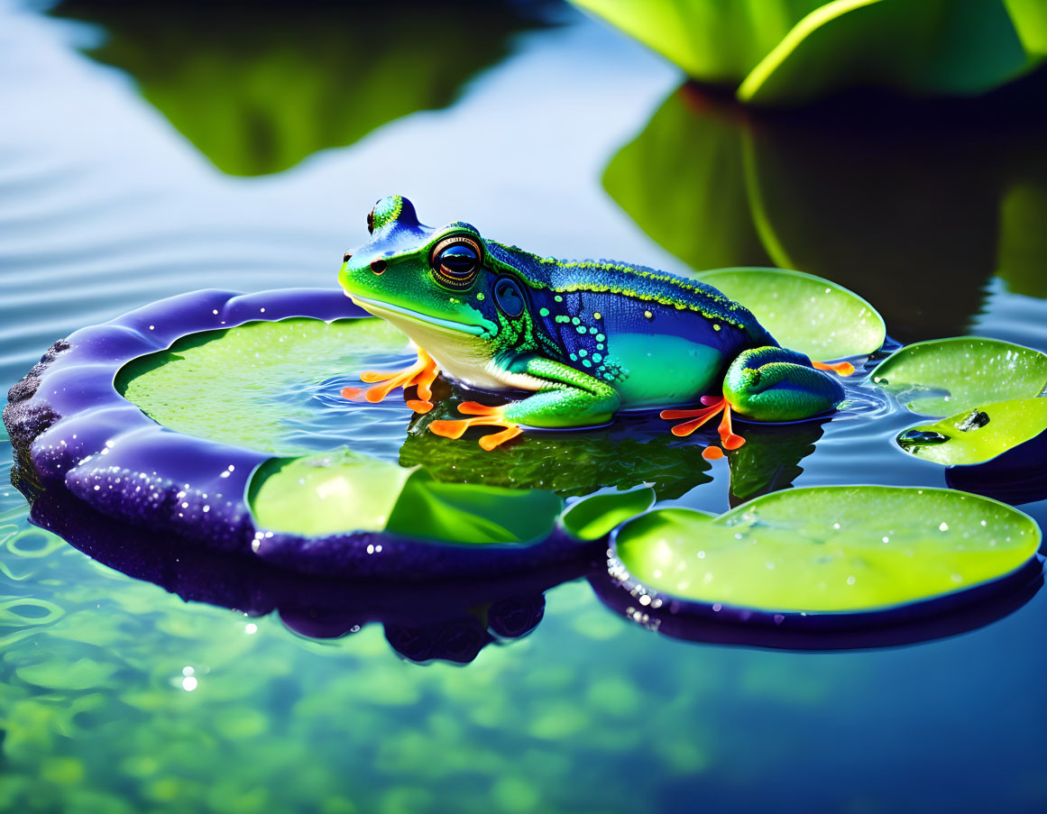 A colourful frog sitting on a lily pad
