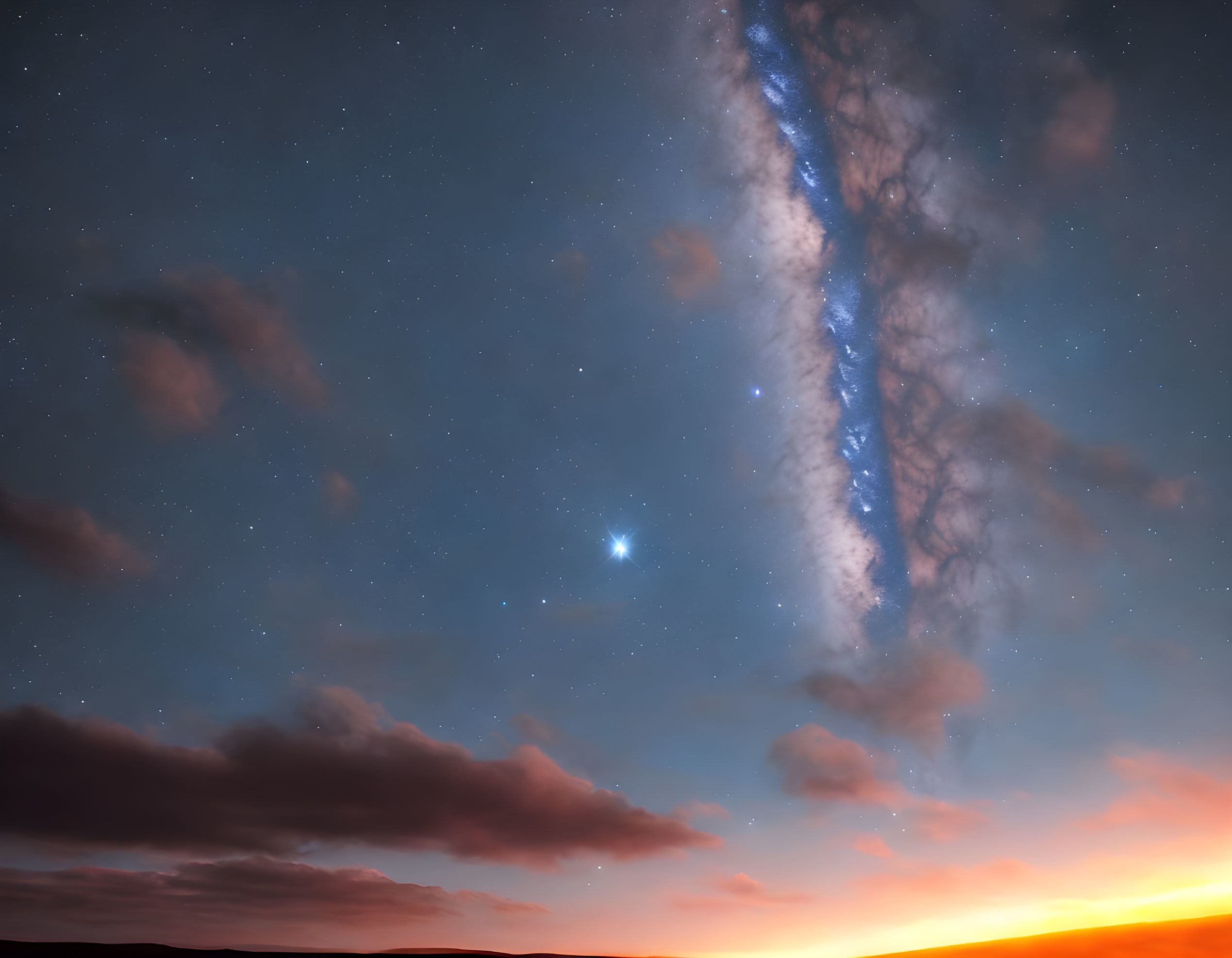 Colorful sunset with starry sky and Milky Way galaxy above horizon