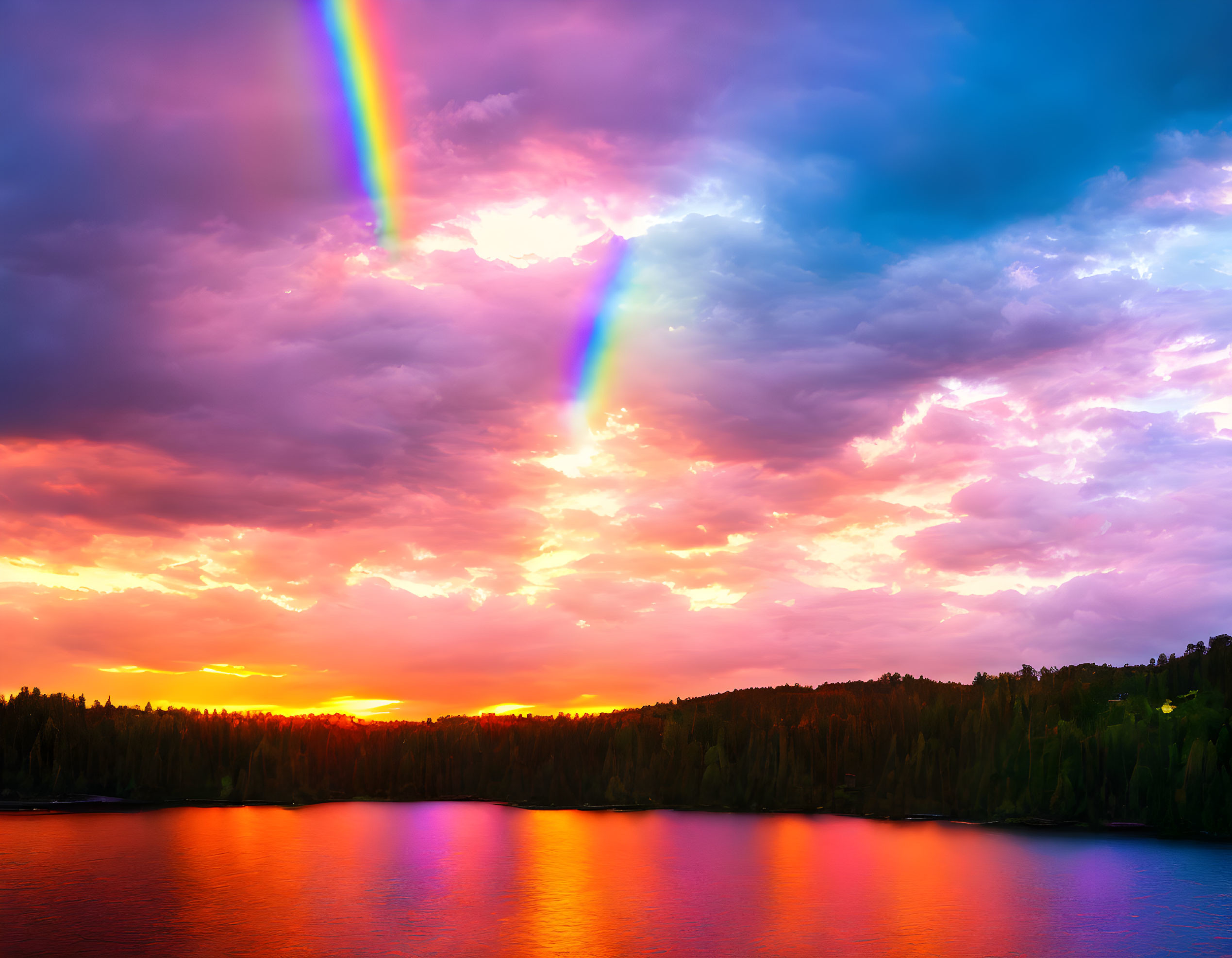 Tranquil lake with vivid sunset, double rainbow, purple and orange sky
