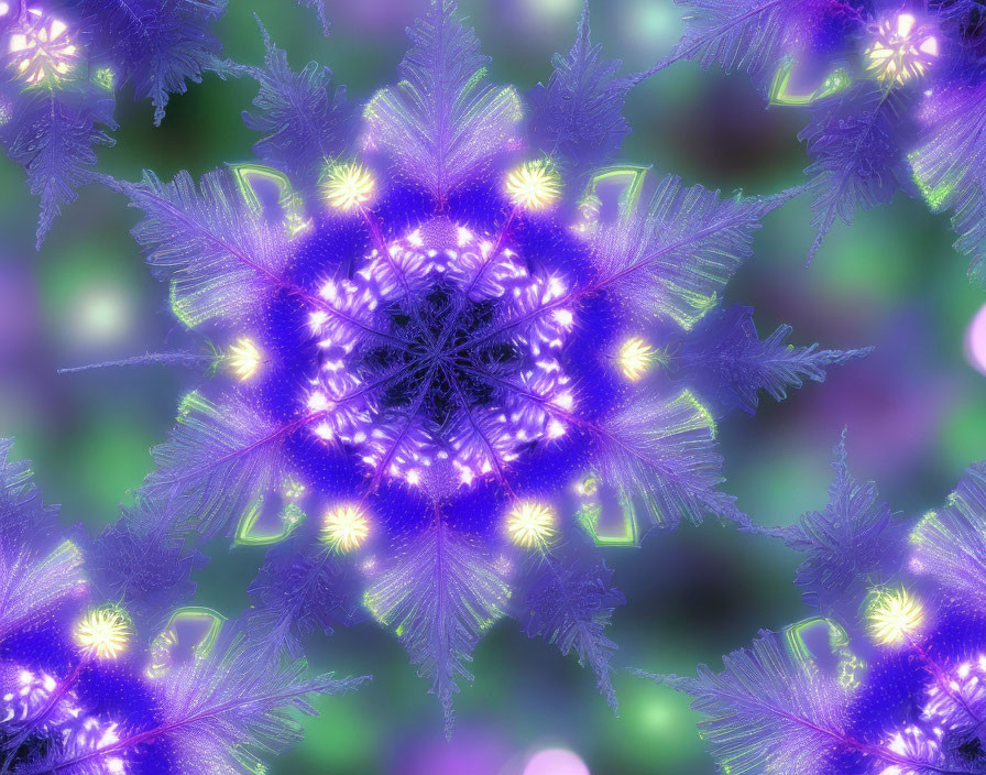 Colorful digital artwork: Snowflakes in purple and blue with glowing yellow details