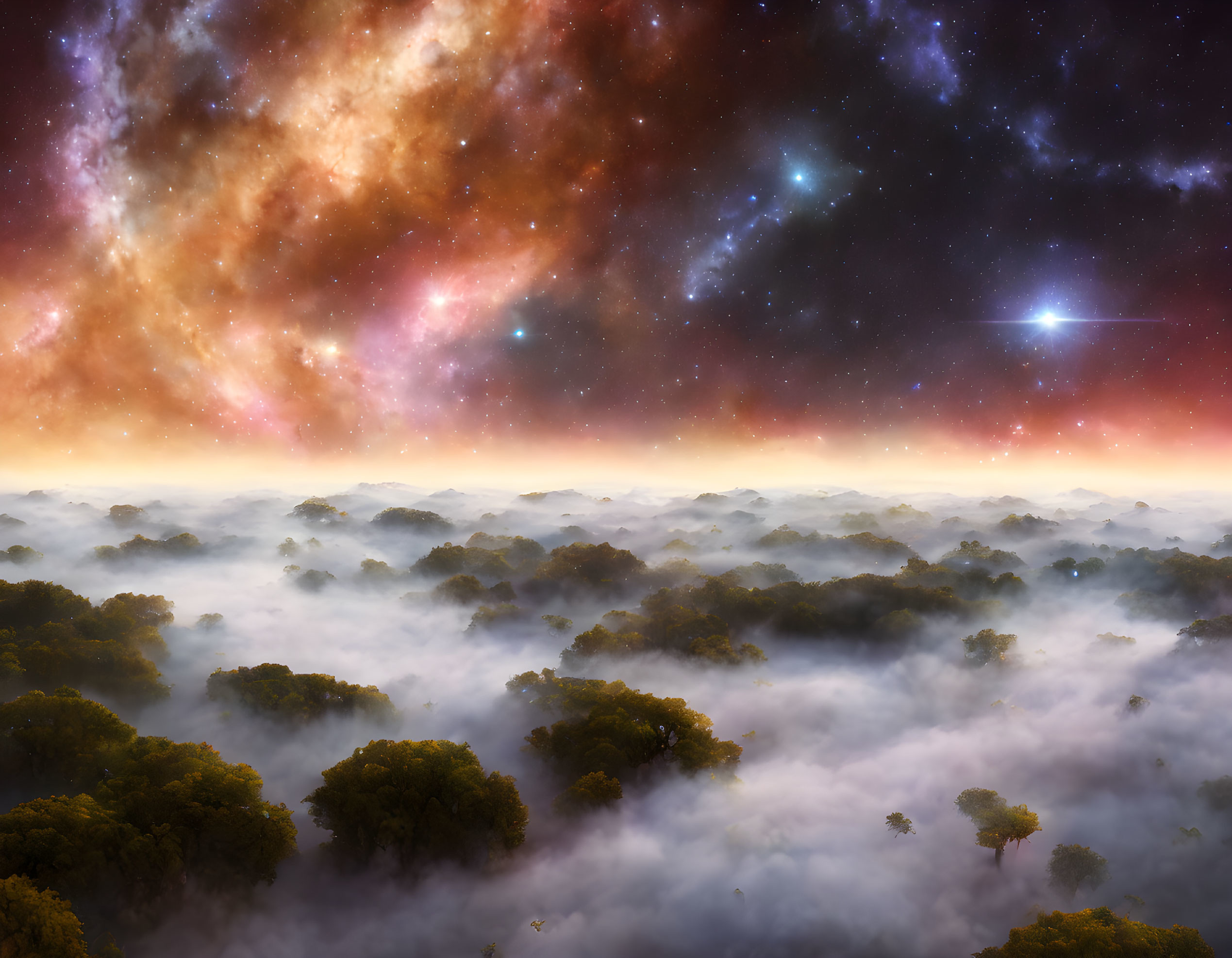 Misty forest landscape under starry sky with cosmic clouds.