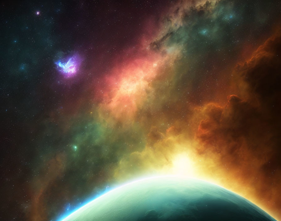 Colorful nebula and planet horizon in vibrant space scene