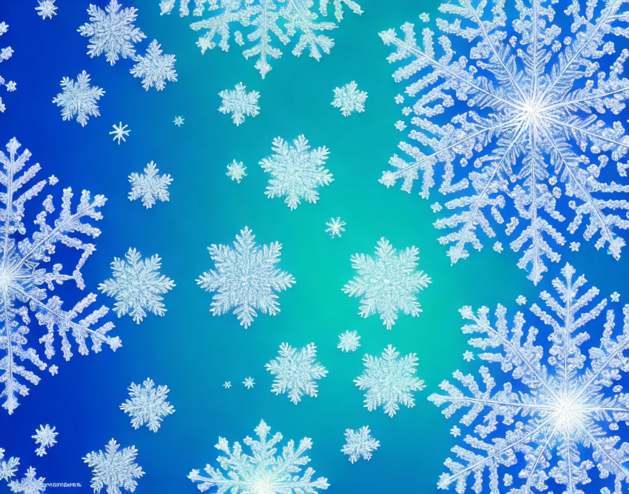 Intricate snowflake patterns on blue gradient background