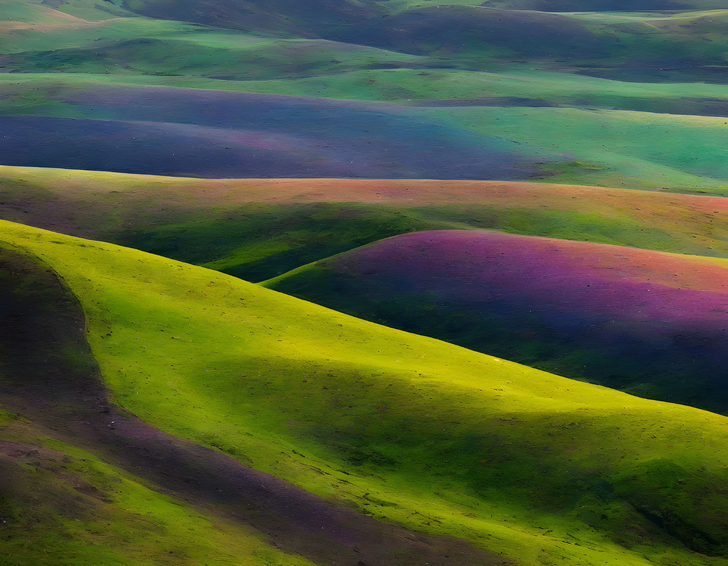 Vibrant purple and green rolling hills landscape view
