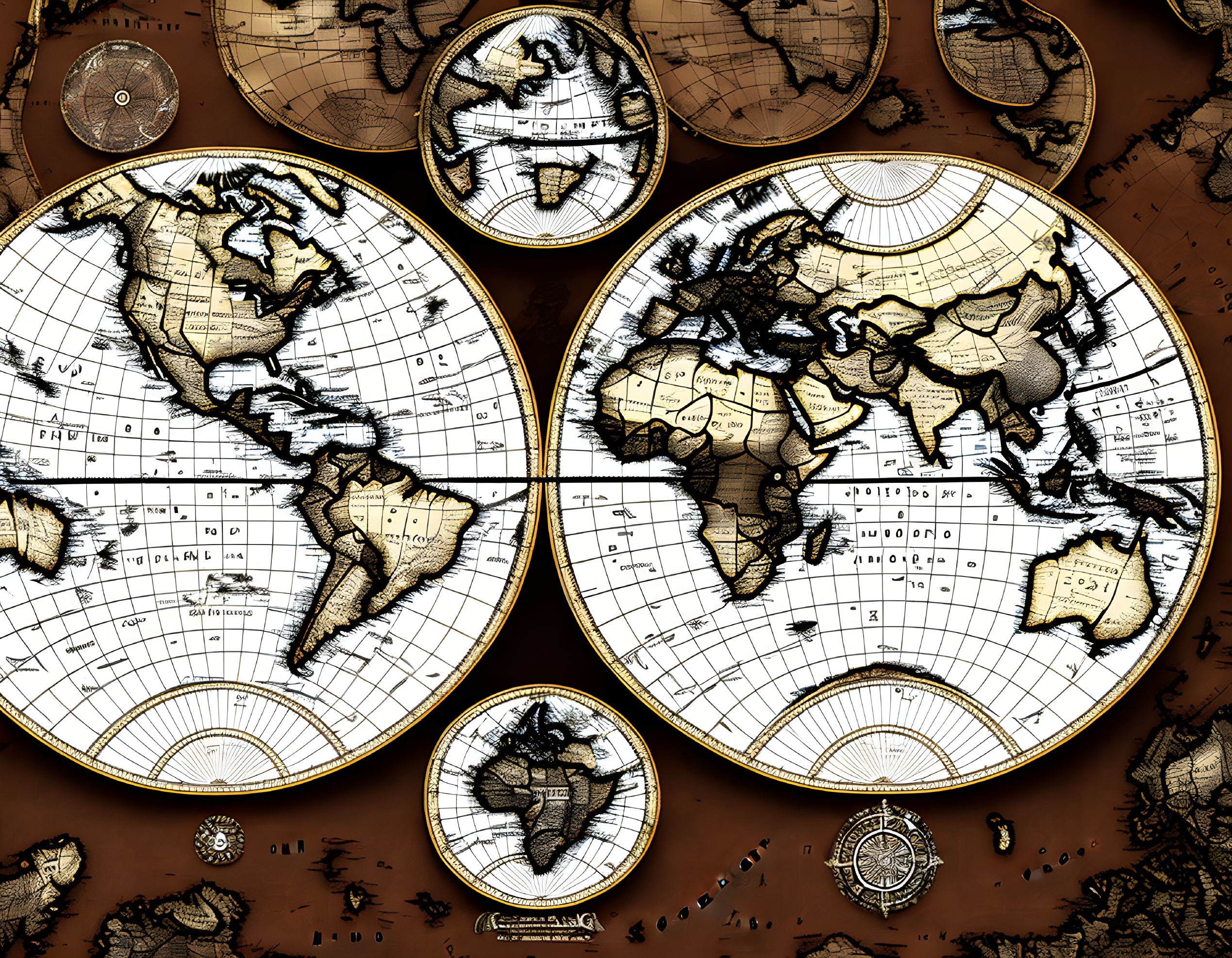 Vintage World Map Globes on Aged Background with Compasses and Nautical Items