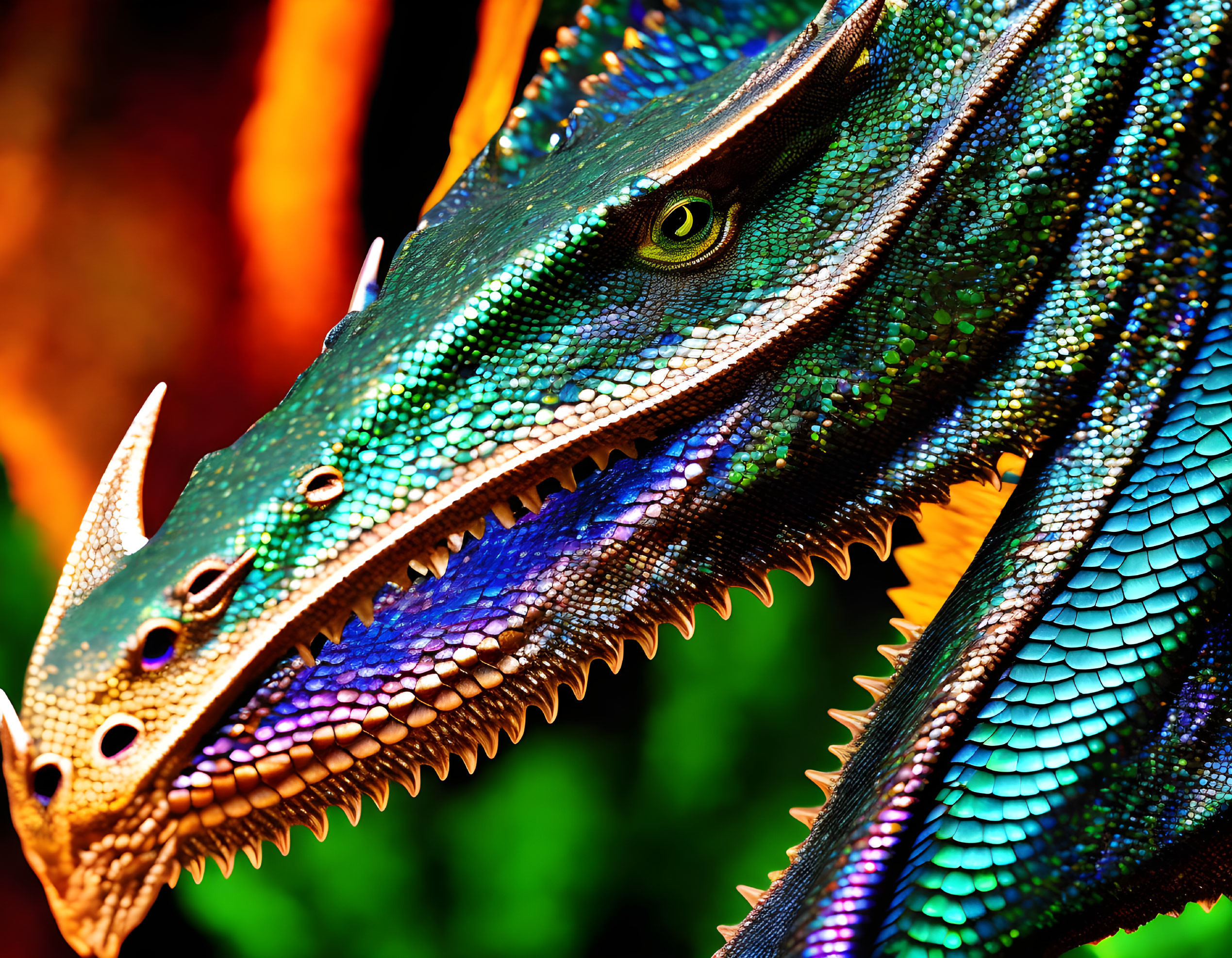 Colorful Dragon Model with Blue and Green Scales and Yellow Eye