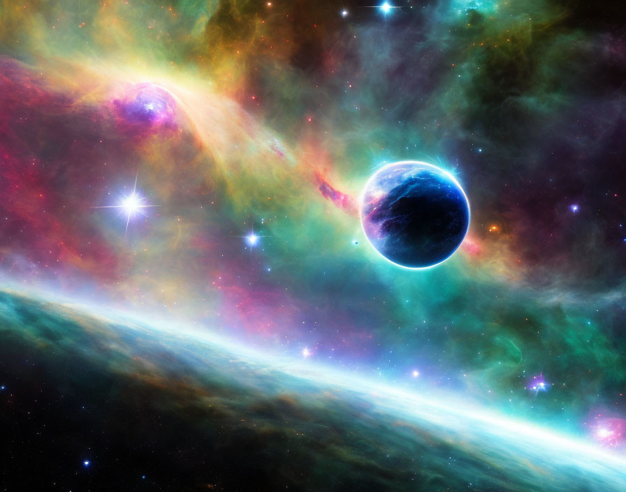 Detailed planet and colorful nebulae in vibrant space scene