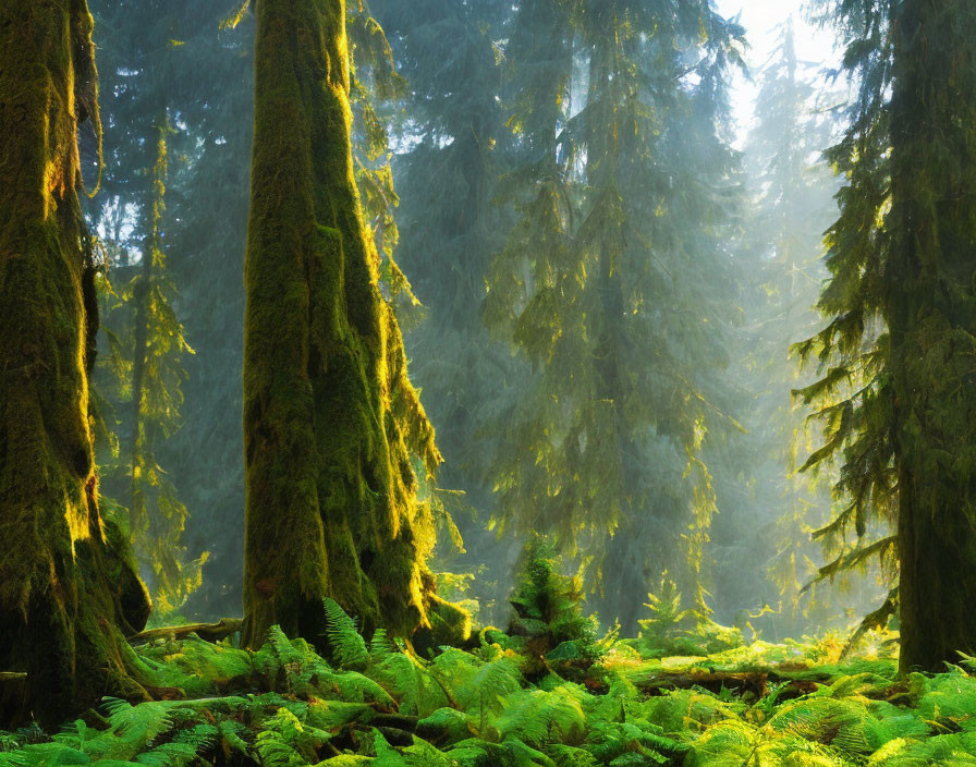 Lush Ferns in Sunlit Moss-Covered Forest